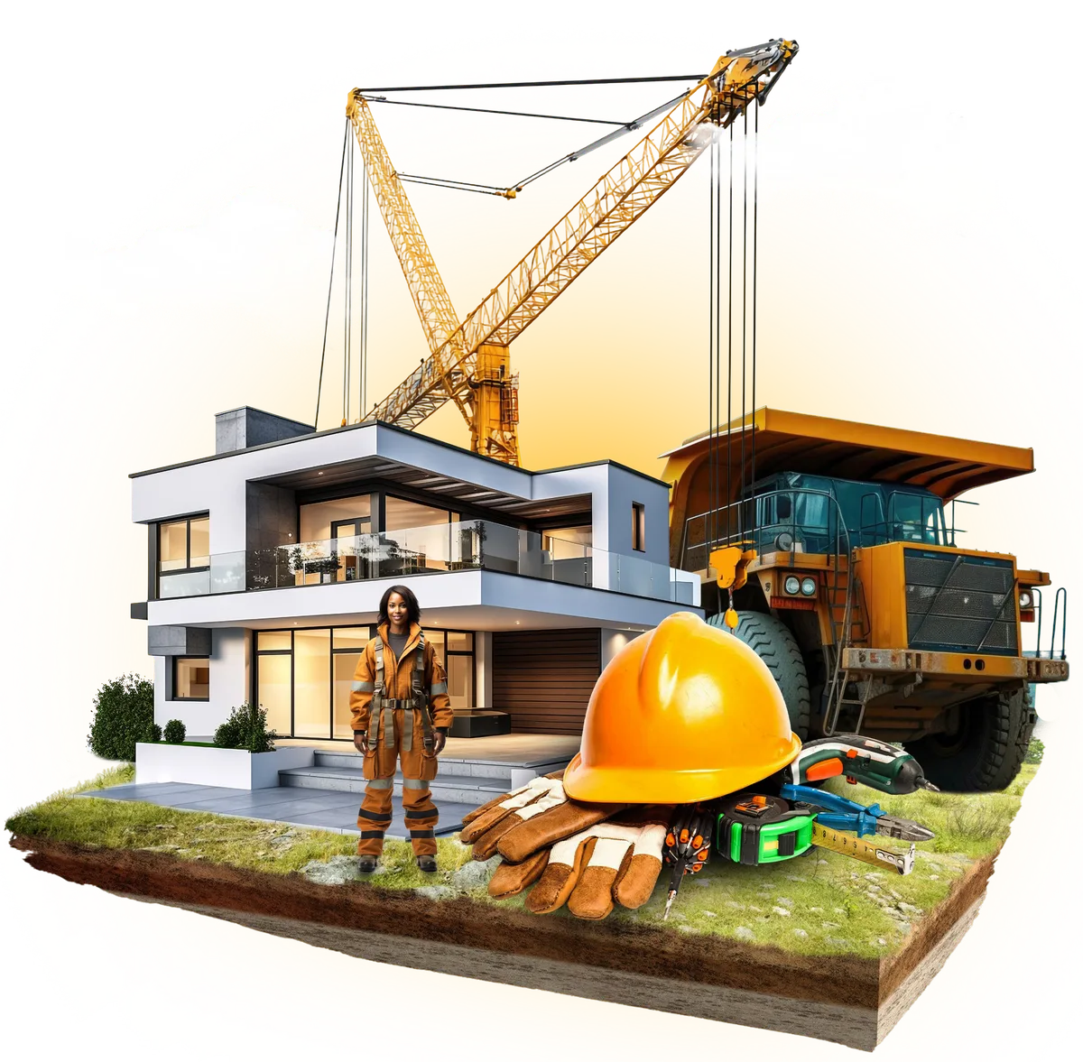 Collage representing Vertigo Ventures' supply categories: a modern house, a construction crane and truck, and personal protective equipment